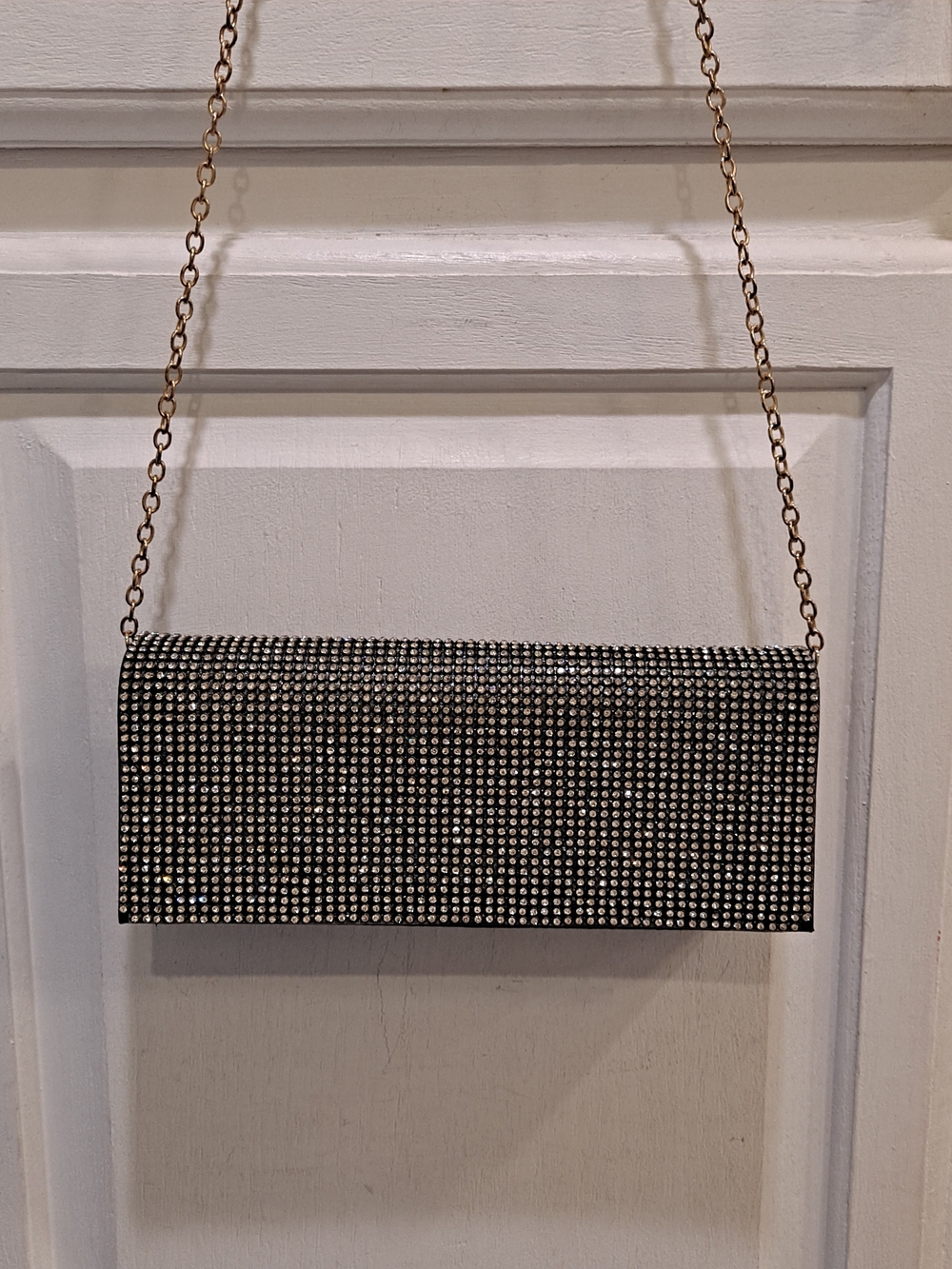 Crystals On Black Faux Leather Foldover Structured Crossbody Clutch Bag Formal